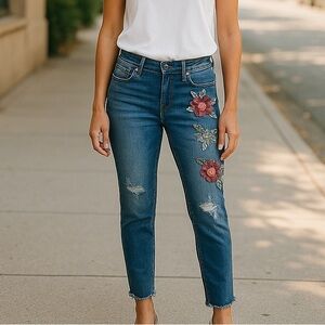 Express Mid Rise Denim Legging Jeans Floral Sequin Embellishments Distressed Hem